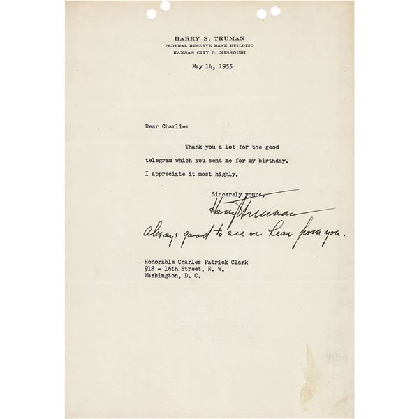 Harry S. Truman Typed Letter Signed