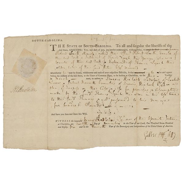 Edward Rutledge Document Signed on Thomas Lynch