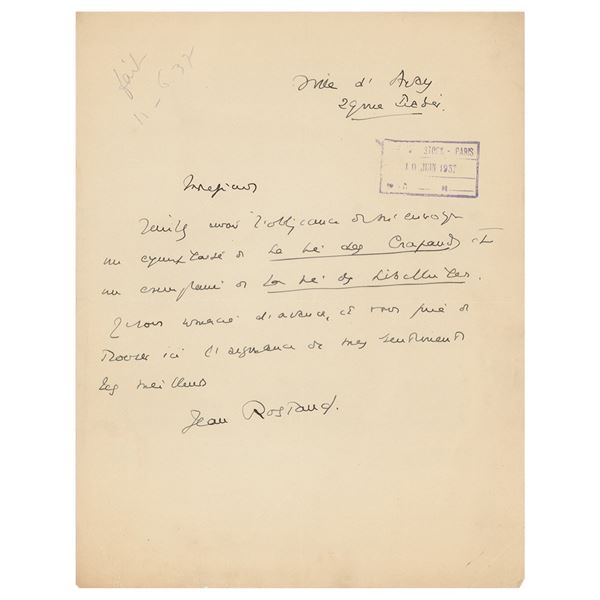 Jean Rostand Autograph Letter Signed