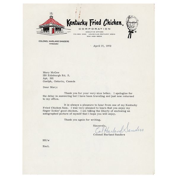 Colonel Harland Sanders Typed Letter Signed on KFC