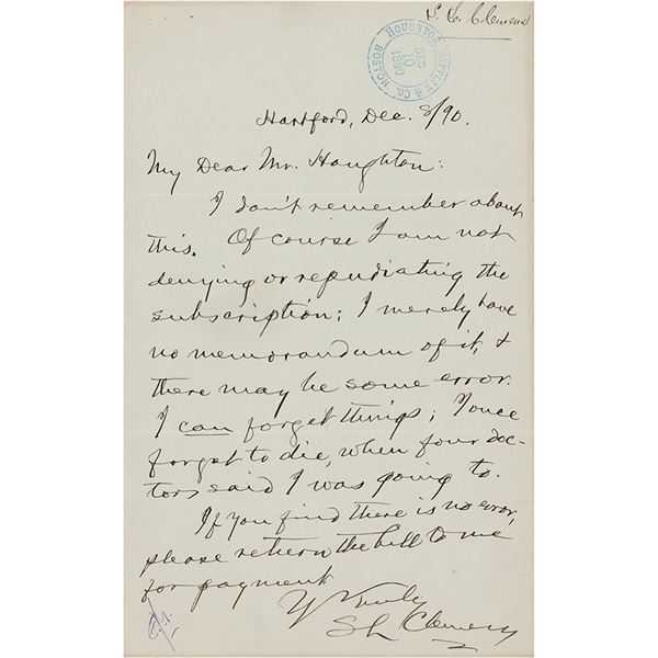 Samuel L. Clemens Autograph Letter Signed to Publisher