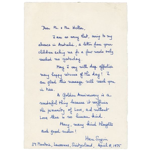 Han Suyin Autograph Letter Signed