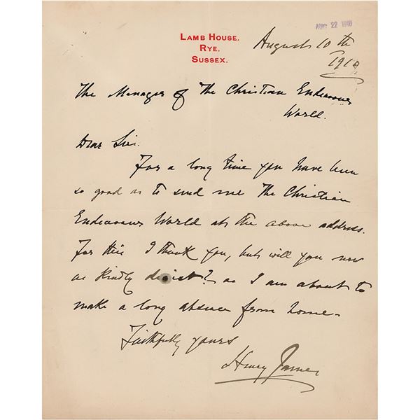 Henry James Autograph Letter Signed