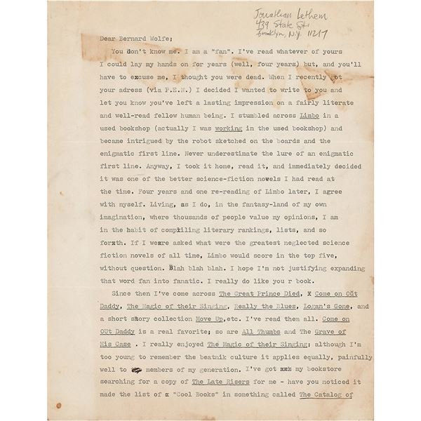 Jonathan Lethem Typed Letter Signed to Bernard Wolfe