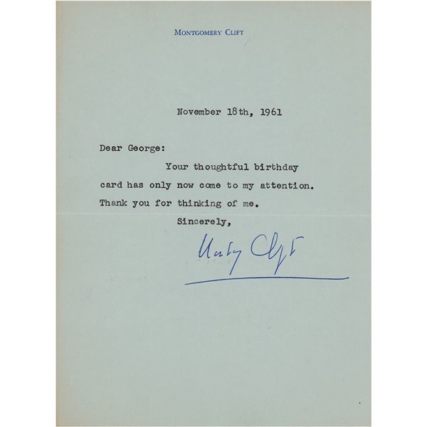 Montgomery Clift Typed Letter Signed