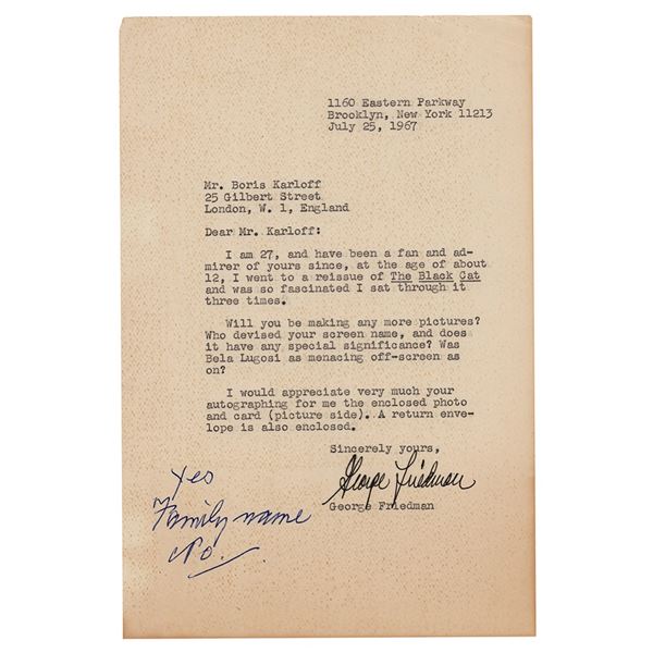 Boris Karloff Handwritten Note