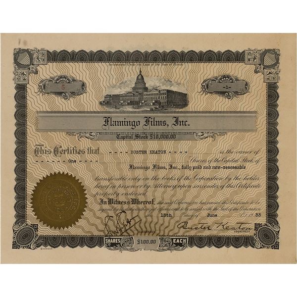 Buster Keaton Signed Stock Certificate for Flamingo Films