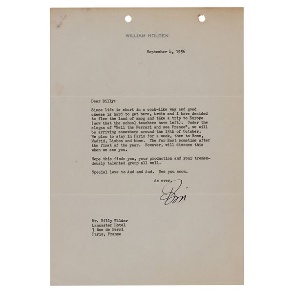 William Holden Typed Letter Signed to Billy Wilder