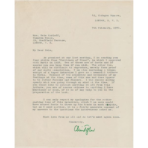 Christopher Lee Typed Letter Signed to Boris Karloff's Widow