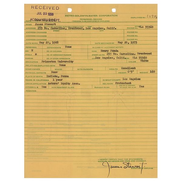 James Stewart Document Signed: 1936 MGM Personnel Record