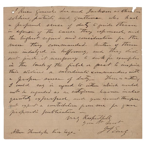 Jubal A. Early Autograph Letter Signed on Lee and Jackson