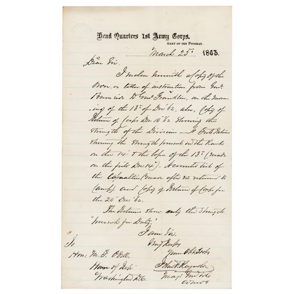 John F. Reynolds Autograph Letter Signed on Fredericksburg