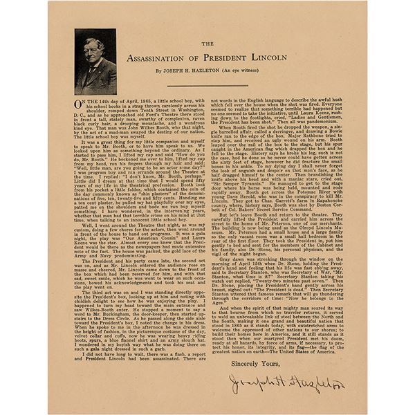 Lincoln Assassination: Joseph H. Hazleton Signed Souvenir Typescript