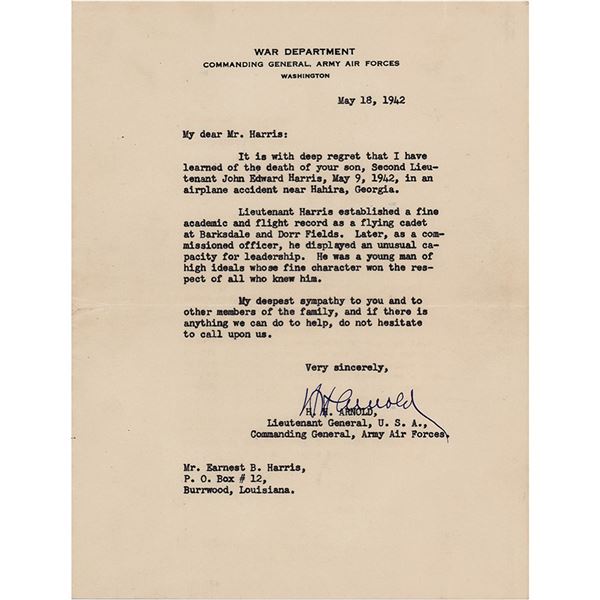 Hap Arnold Typed Letter Signed