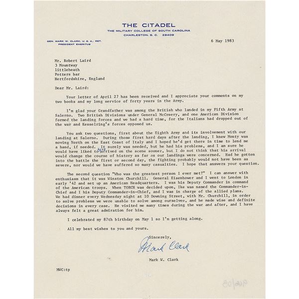 Mark W. Clark Typed Letter Signed on Winston Churchill