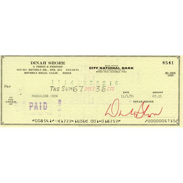 Dinah Shore signed check