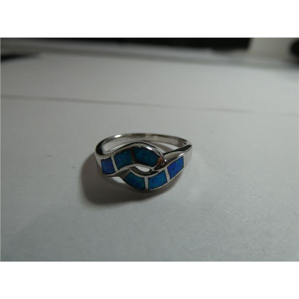 Size 8 inlay blue opal ring. 925 sterling silver