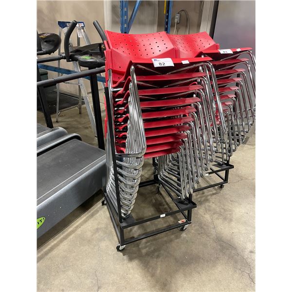 10 RED PLASTIC STACKING COMMERCIAL EVENT CHAIRS ON BLACK METAL MOBILE CHAIR CART