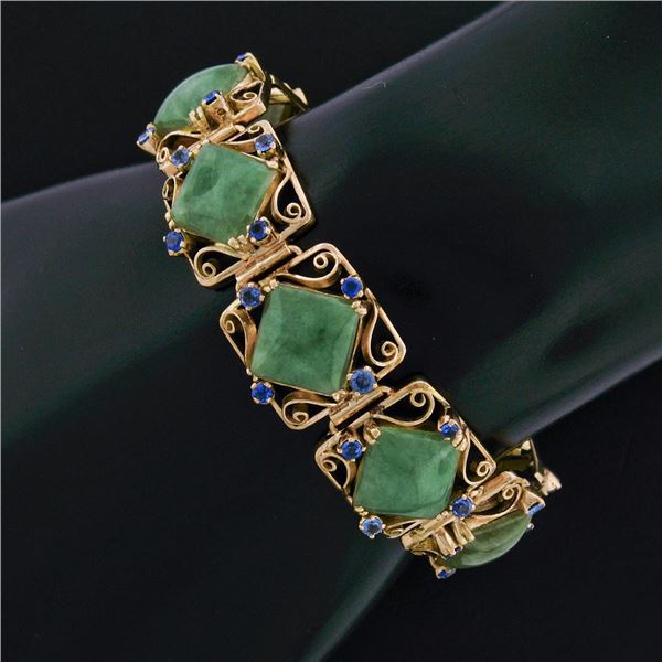 Vintage 14k Yellow Gold Cushion Cabochon Jade & 2.20 ctw Sapphire Chain Bracelet