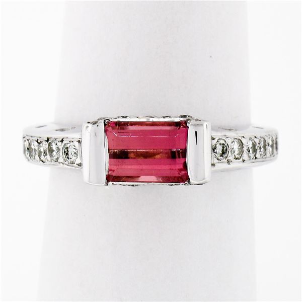 18k White Gold 2.05 ctw Emerald Cut Pink Tourmaline & Round Diamond Band Ring