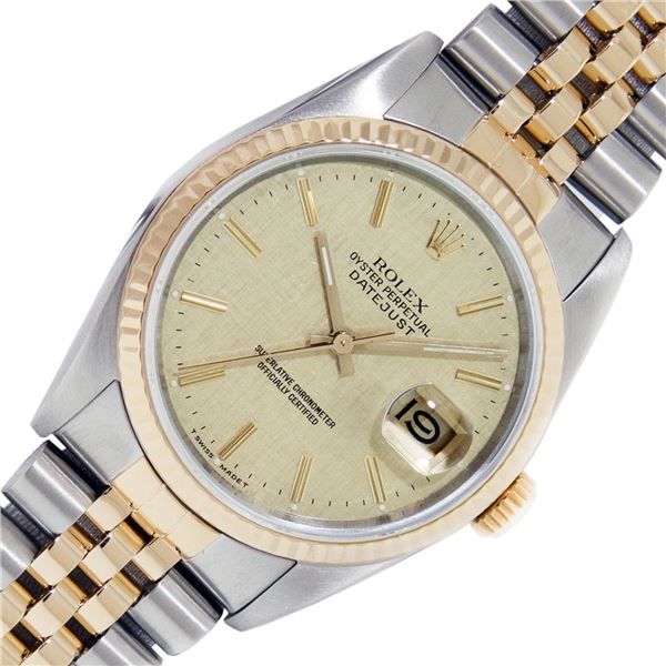 Rolex Mens Datejust 36 Champagne Linen Index Yellow Gold Fluted Wristwatch