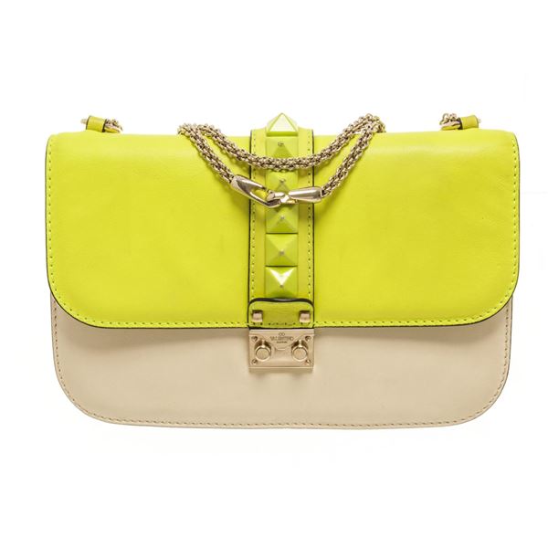 Valentino Yellow Green Leather Glam Lock Shoulder Bag