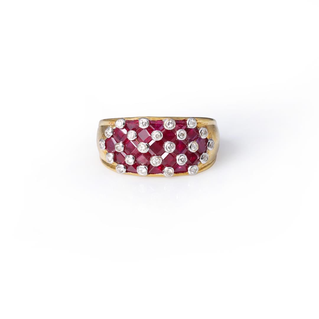 Unusual 18k Yellow Gold Invisible Set Ruby & Diamond Ring