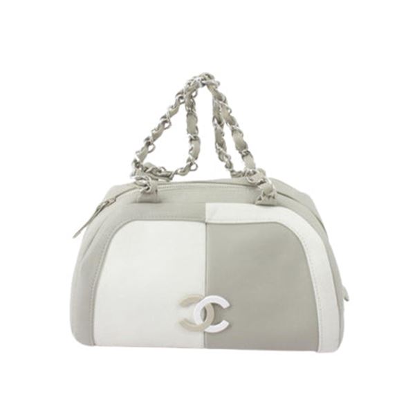 Chanel Grey White Lambskin Bicolor Leather CC Bowling Bag