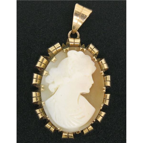 Antique Victorian 14k Gold Hand Carved Shell Oval Cameo Pendant w/ Curled Frame