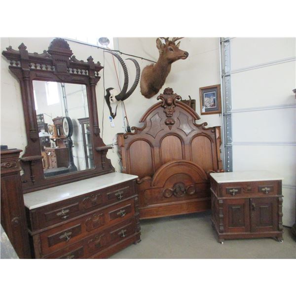 3 Piece Victorian Bedroom Set- 3 Drawer Marble Top Dresser- One Pull Is Broken- 94 H X 48 W X 18.5 D