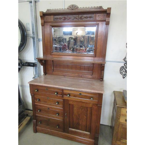 Antique Marble Top Walnut Sideboard With Beveled Mirror- Carved- Shelf- Great Piece- 78"H X 42"W