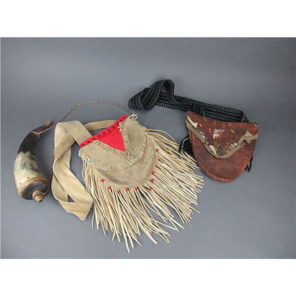 Beaded And Fringed Buckskinner Pouch- Buckskinner Pouch With Tradecloth Strap- Powder Horn