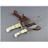 Image 1 : Matched Pair Bone Handled Hunting Knives With Tooled Sheath- 4" Blade- 7" Blade- 5" Handle