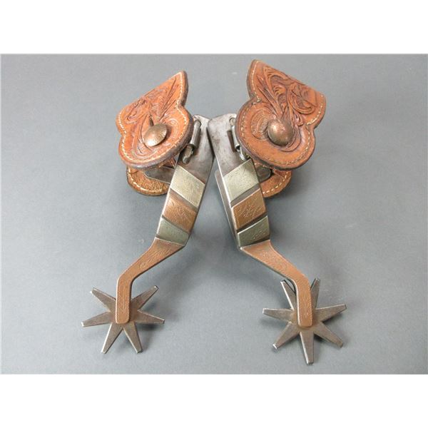 Marked Dill Silver And Copper Double Mounted Overlaid Spurs- 1.1  Bands- 2.5  Shanks- 2.5  7 Point