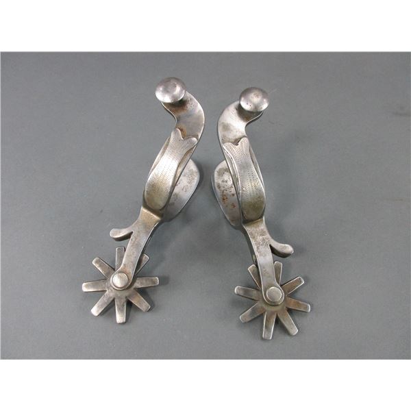 Marked Crockett Silver Overlaid Fish Pattern Spurs- .8" Bands- 2.25" Shanks- 8 Point Rowels- Chap Gu