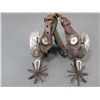 Image 2 : Unique Silver Inlaid Double Mounted Charro Spurs- 1.25" Bands- 2" Shanks- 8 Point Rowels- Tooled Str