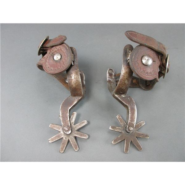 Unmarked Heavy Duty Iron Spurs- 1" Bands- 3" Shanks- 8 Point Rowels- Stamped Straps- Used Condition