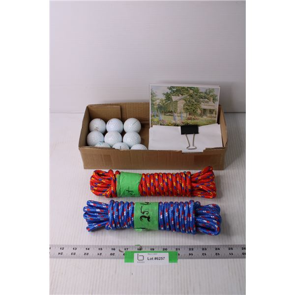 Lot of Assorted Items - 2 25ft Nylon Ropes, Envelopes, Golf Balls