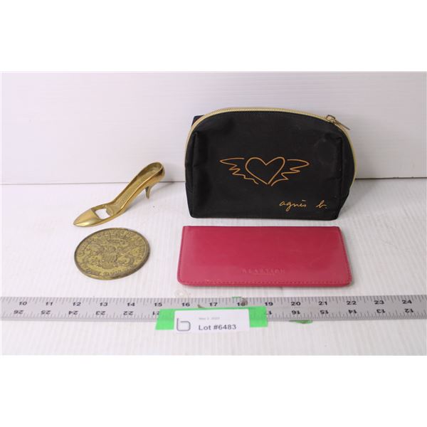 Lot of Assorted Items - Metal Trinkets, Makeup Bag, Kenneth Cole Wallet