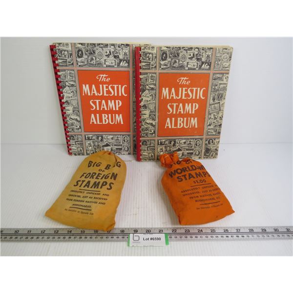 (2) Majestic Stamp Albums - (2) Bags of Stamps