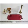 Image 1 : Vintage Ceramic Flower Dish - Sm Red Metal Tray - Candle Stick - Vase - Sexy Cup