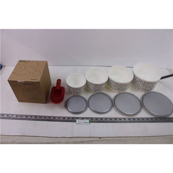 Measuring cups and tubberware with lids and sealed tubberware box