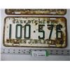Image 2 : Pair of 1956 Saskatchewan "Golden Jubilee" License Plates