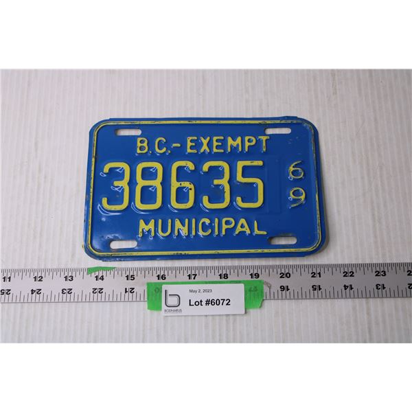 Vintage 1969 BC Exempt License Plate