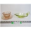 Image 1 : Vintage "Rose and Sharon" Depression Glass Cup and Saucer - (chipped) - Green Glass Dish (chipped)