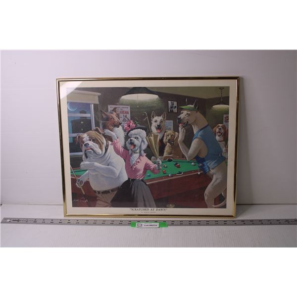 Framed Art of Dogs Playing Pool - "Scratched at Dawn," By Arthur Sarnoff