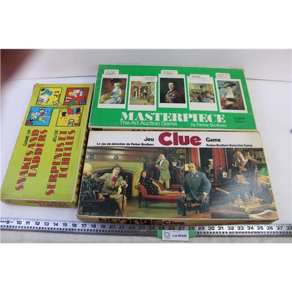 (3) board games clue, snakes and ladder, and masterpiece