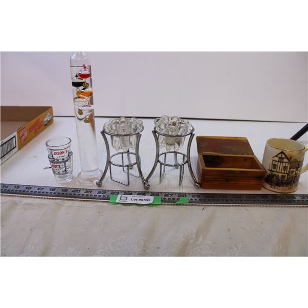 Bubble Thermometer, Shot Glasses and 2 candle holders +Misc.