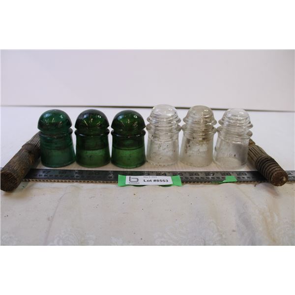 (6) Glass Insulators (Green and Clear) and 2 Insulator Pegs