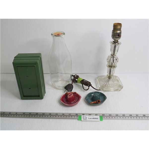 Glass Light (works) - Milk Bottle - Napkin Holder - (2) Clay Hat Ashtrays